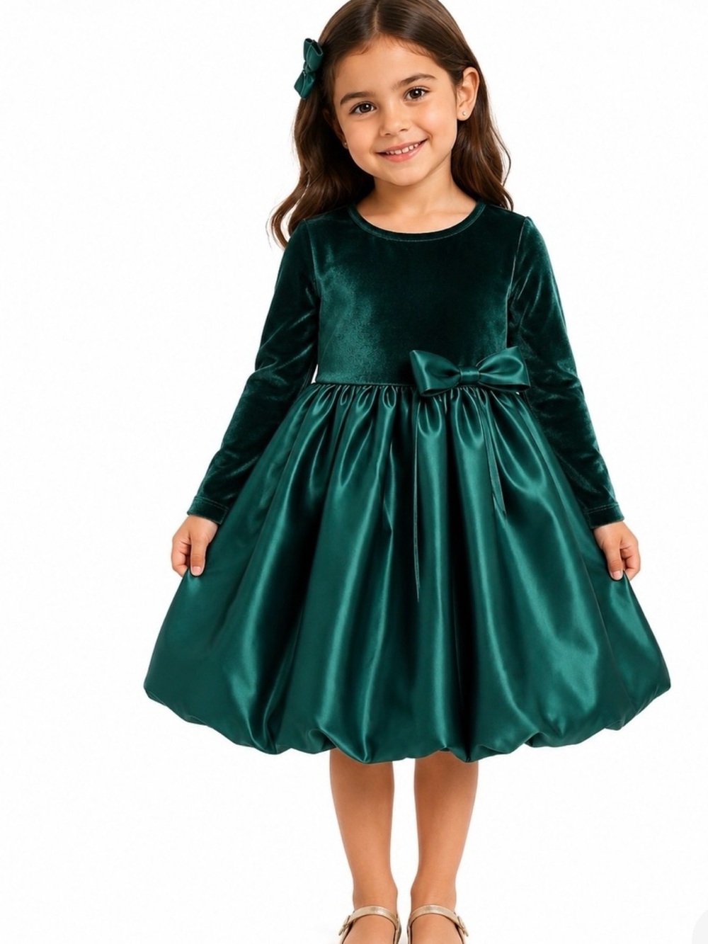 Emerald Green Velvet & Satin Bow Party Dress for Girls